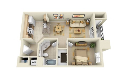 Floor plan for 1 bed, 1 bath, 610 sqft